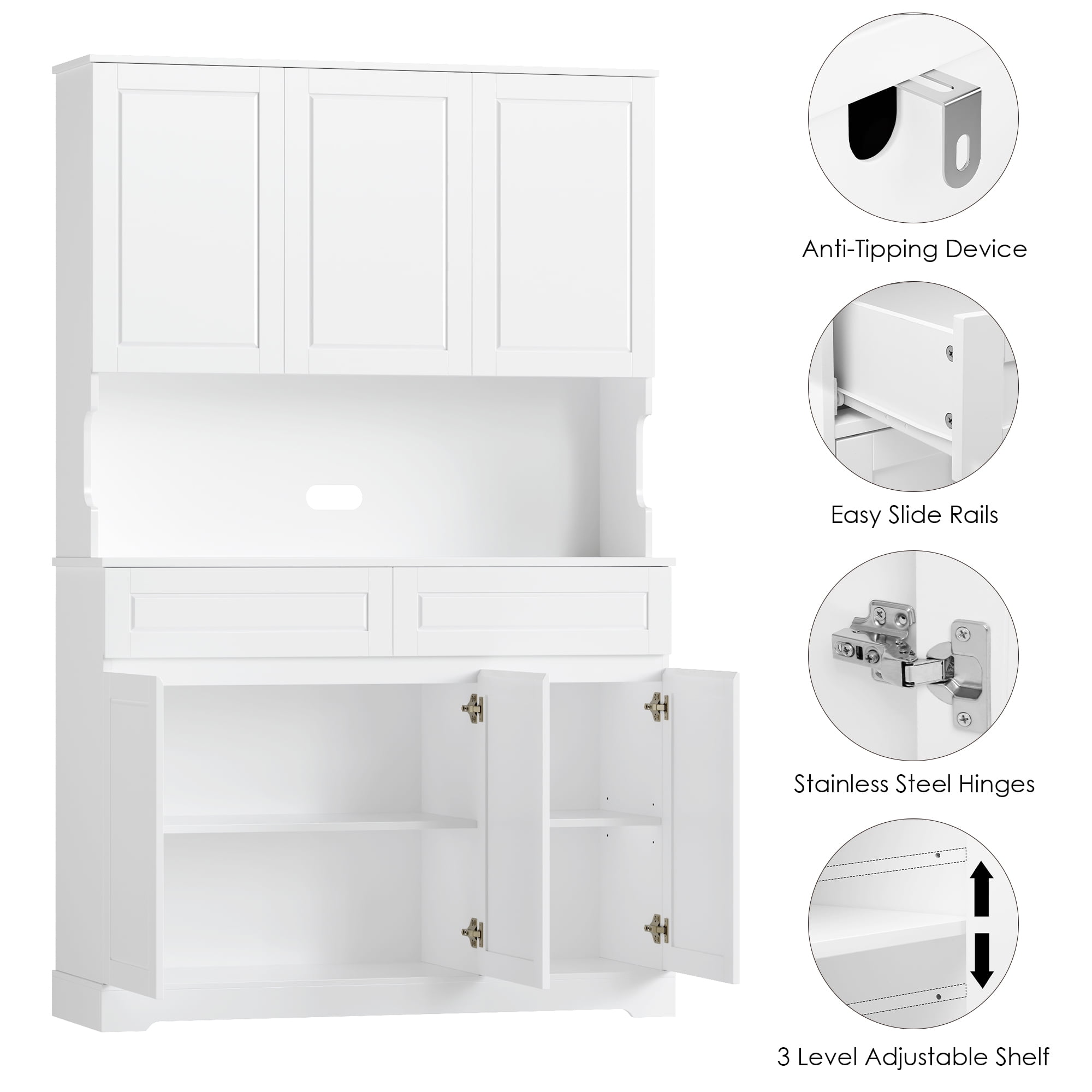 Homfa 73.8”H Pantry Cabinet with 6 Doors and 2 Drawers, Microwave Stand Storage Cabinet with Grooved Handles and Adjustable Shelf for Kitchen Dining Room, White