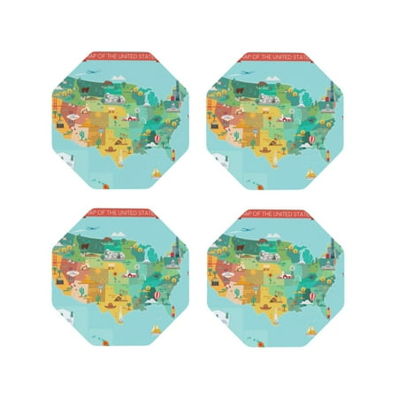 

Tideii USA Tourist Map for Leather Coasters 4 Pieces Anti-fouling and Anti-scalding Decorative Coasters Suitable for Restaurants Kitchens Coffee Shops-Octagon