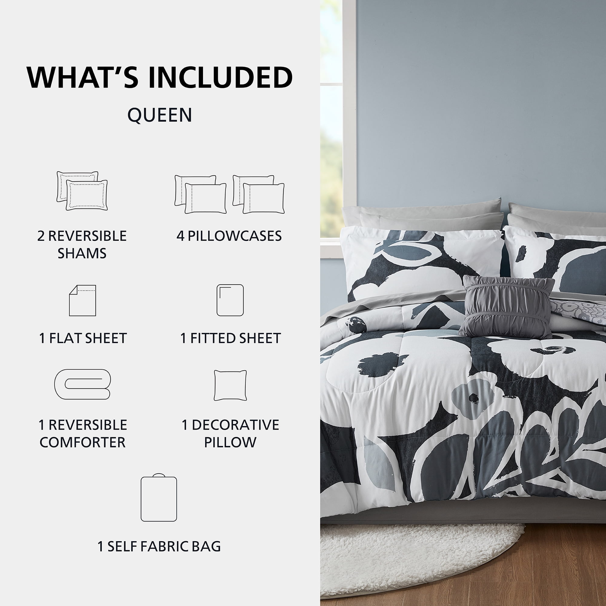 Mainstays All in One Reversible Comforter and Sheet set- 11 Piece, Queen, Black and White Floral