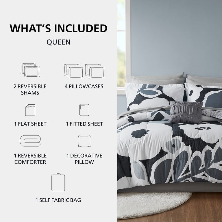 Mainstays Reversible 11-Piece Queen Bed in a Bag, Black Floral photo 2