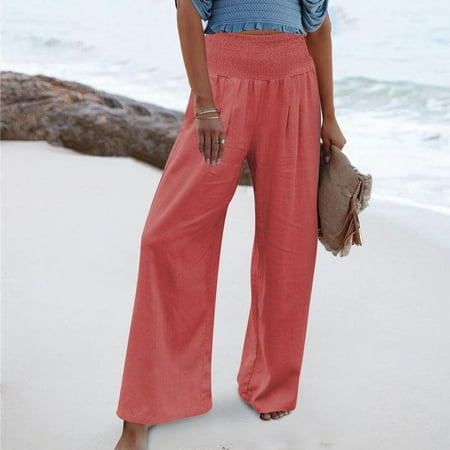 

Jiyugala Pants For Women High Waist Wide Leg Palazzo Lounge Pants For Women Smocked Elastic Waist Loose Comfy Casual Pajama Pants Pockets