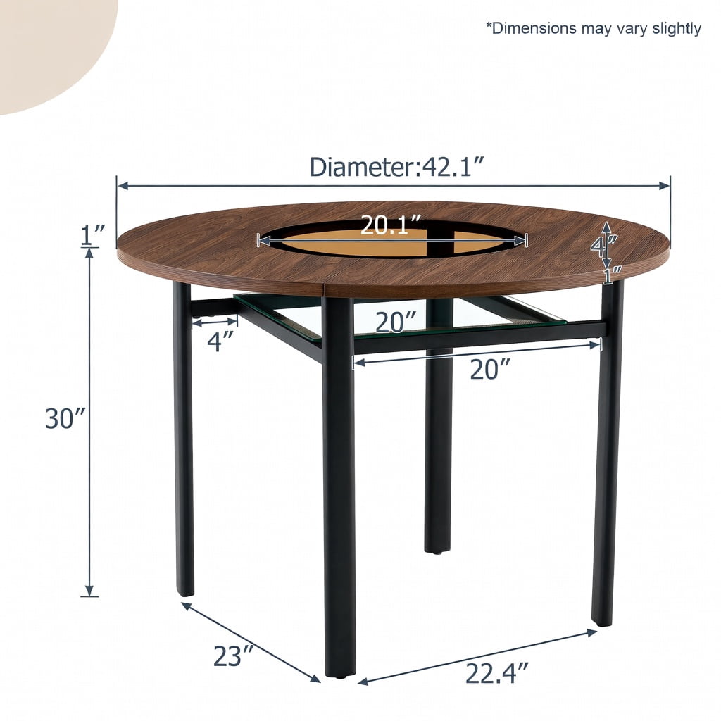 Hommoo 42 Inch Round Dining Table, Modern Minimalist Brown Wood Grain Top with Teal-Tinted Glass Inlay, Black Metal Base & Lower Glass Shelf for 4-6 People, Walnut & Black