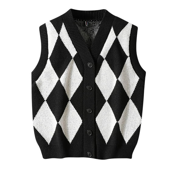 Iugvhana Men's Argyle Knitted Sweater Vest Button V Neck Fall Cardigan Casual Sleeveless Knitted Waistcoat Sweaters Vests Black XXL