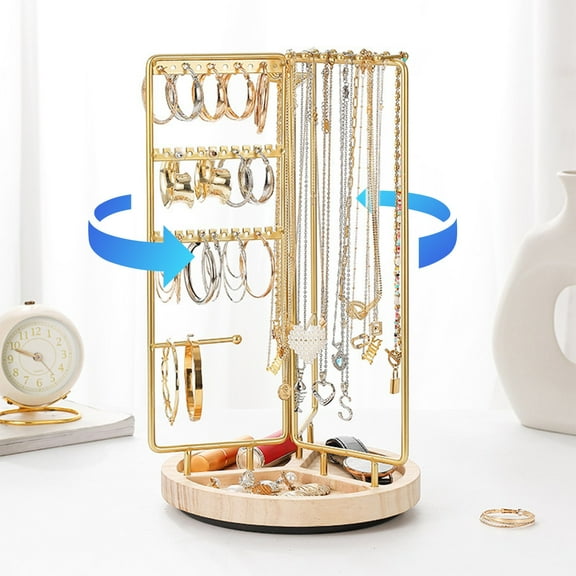 Gnmfd Rotatable Metal Wooden Jewelry Stand Necklace Earring Bracelet Display Rack Organizer for Home Vanity Counter Storage, 360 Degree Spinning Base Multi-Layer Jewelry Storage Rack