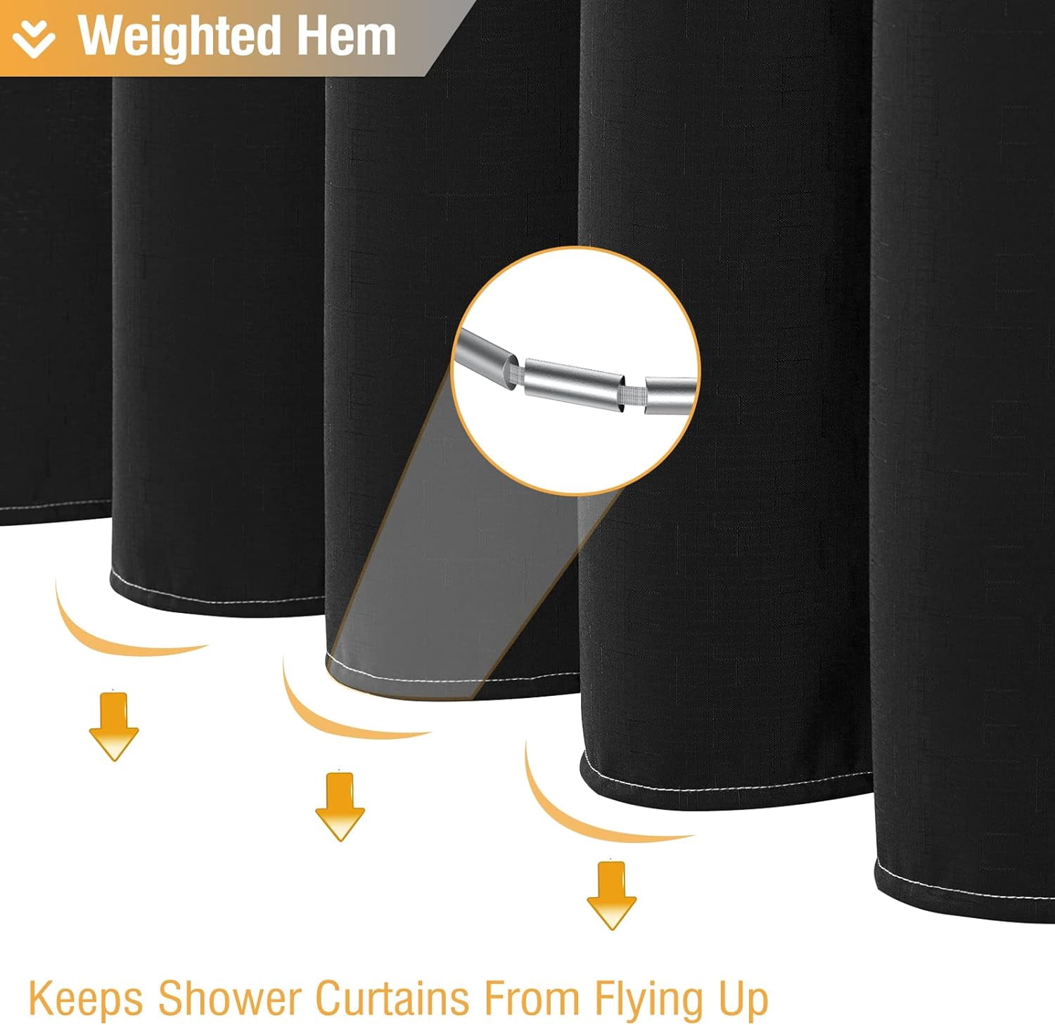 Extra Long Shower Curtain, 72 x 84 Inch Long Ombre Linen Textured Weighted Fabric Shower Curtain Set with Plastic Hooks, Large Hotel Spa Luxury Decorative Cloth Shower Curtain for Bathroom, Black