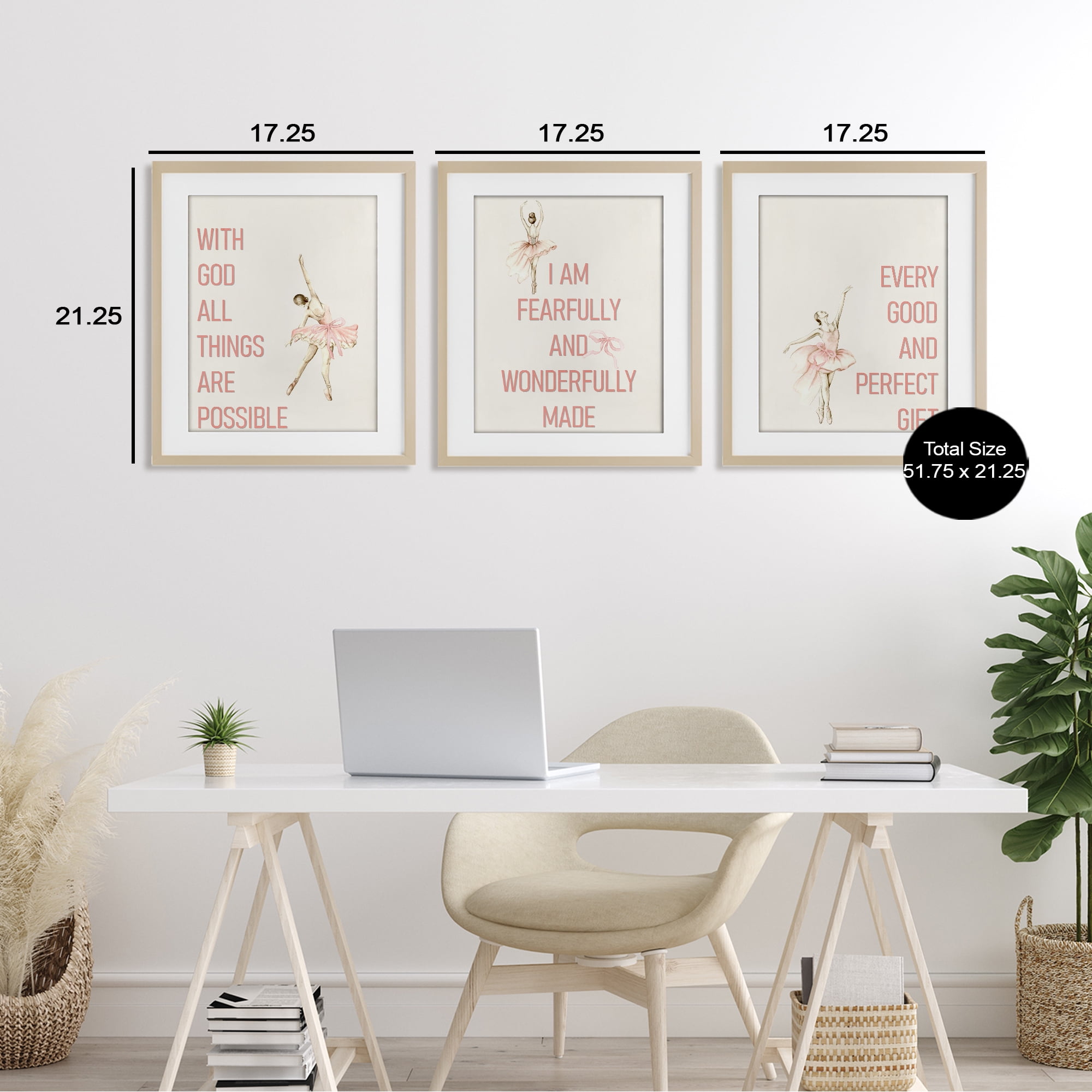 Faith Sentiments with Ballerinas 3 Piece Birch Framed Print Under Glass Set, design by Kim Allen