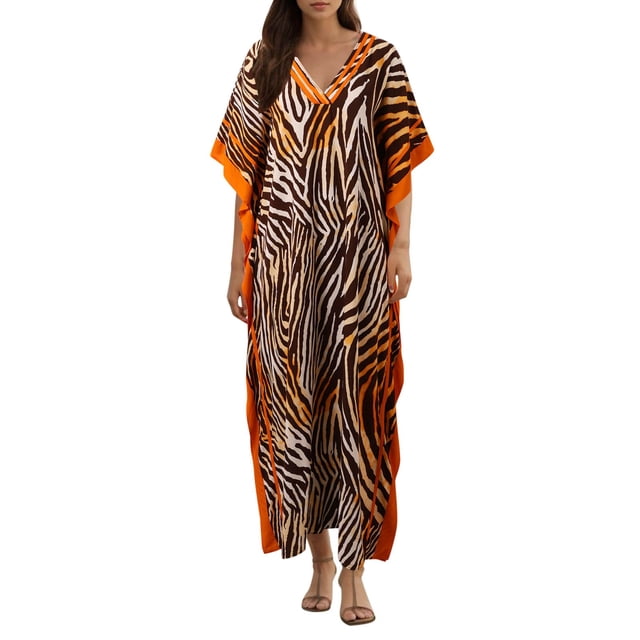 Robes pour Femmes Col en V Imprimé Maillot de Bain Robe de Plage Grande Taille Robe Grande Taille Marron Taille Unique