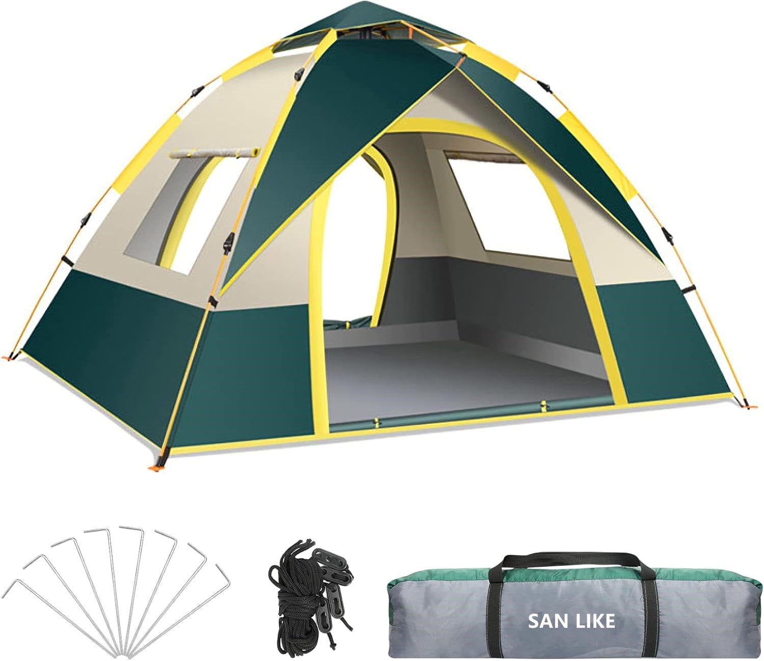 SAN LIKE Camping Tent 3/4 Person Tents for Family Camp Tent Waterproof Outdoor for Backpacking Hiking Easy Setup with Storage Bag,8 Ground ding,4 Windproof Rope (Green with Doors and Windows)