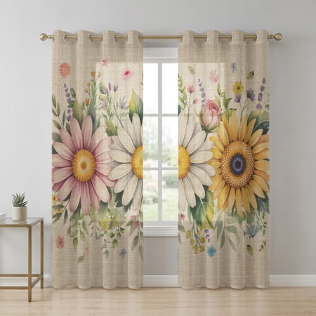 Daisy Sheer Curtains 96 Inch Long 2 Panels Watercolor Spring Pink White Yellow Floral Linen Texture Light Filtering Semi Sheer Drapes Grommet Voile Window Curtain for Living Bedroom W52 x L96