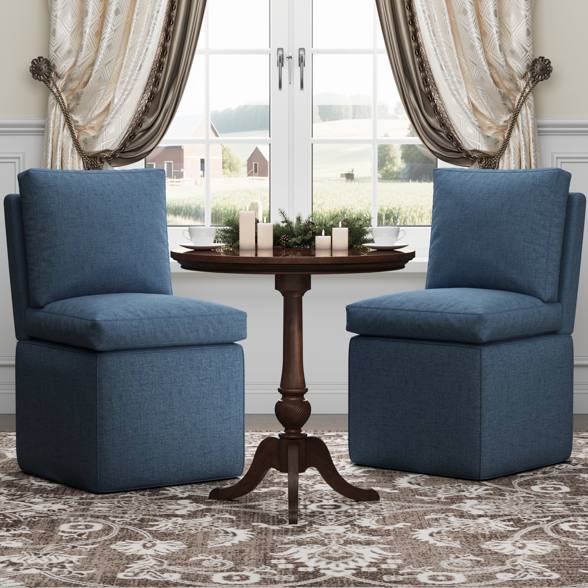 Upholstered Dining Chairs, Modern Linen Dining Chairs with Casters for Kitchen, Bedroom, Living Room, Reading Room, Blue
