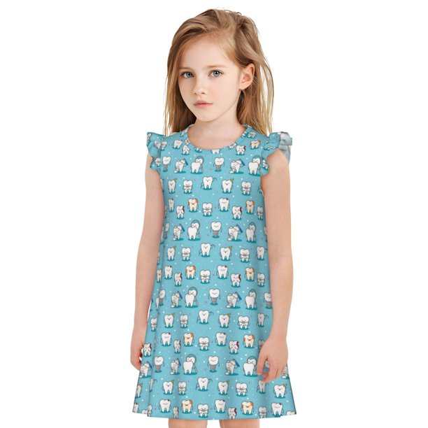 Balery Cartoon Teeth Camisón de princesa para niñas, pijama de algodón con mangas abullonadas, suave y bonito.-Large
