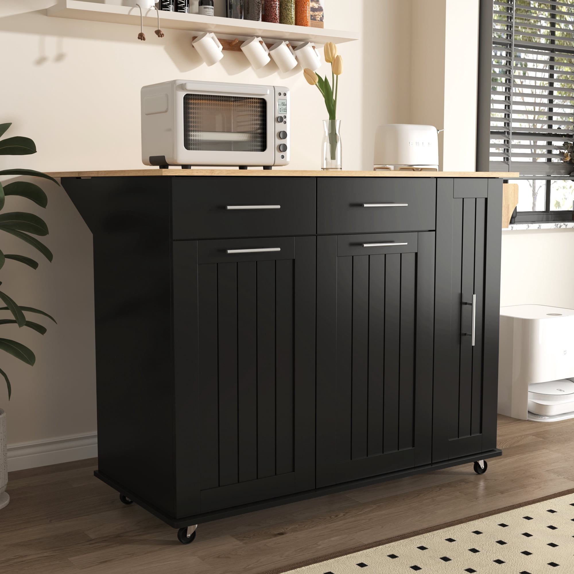DEALTOPS 46" Kitchen Island with Drop Leaf, Kitchen Storage Cart with 3 Tier Pull Out Cabinet Organizer, Internal Storage Rack, Rolling Kitchen Cart on Wheels with Towel Rack for Kitchen-Black