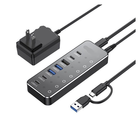 Powered 7 Port 10Gbps Data USB Hub with Individual Touch On/Off Switches for PC Laptop Desktop