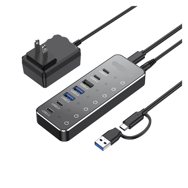 Powered 7 Port 10Gbps Data USB Hub with Individual Touch On/Off Switches for PC Laptop Desktop ,Powerful Charging