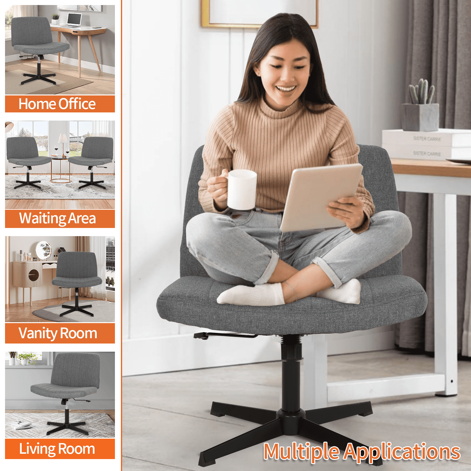 BIQWBIC Crisscross Chair Armless Vanity Chair Adjustable Home Office Desk Chair with No Wheels, Gray