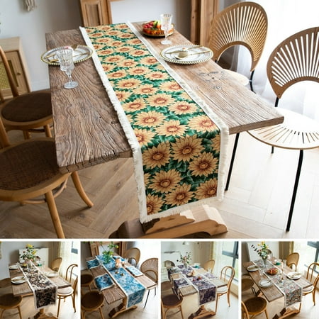 

LA TALUS Table Cover Vintage Flower Painted with Tassel Farmhouse Style Rectangle Stitching Pastoral Crochet Tablecloth Dining Room Supply Green 30x220cm