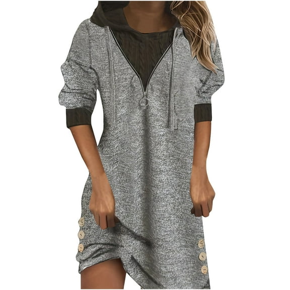 Elainilye Fashion Womens Dresses Spring Casual V-Neck Long Sleeve Button Long Dress Casual Hooded Dress,Gray