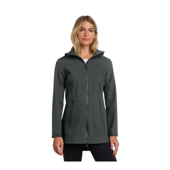 MERCER METTLE Women's Waterproof Rain Shell | Lightweight Rain Jacket, Longer Length, Two Way Zipper, Brimmed Hood - Anchor Grey M