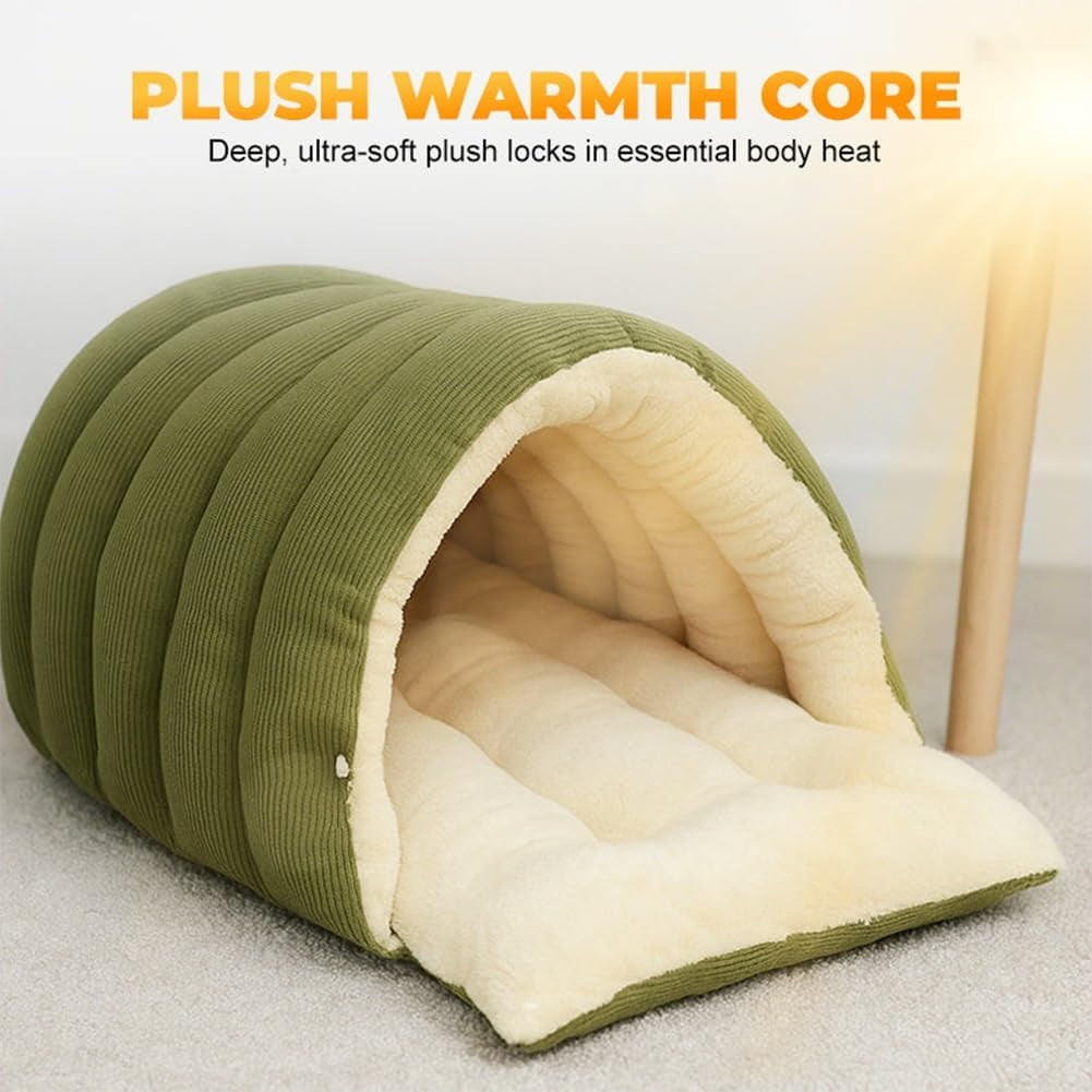 Warmth Cozy Comfort Plush Pet Cave, 2-in-1 Cozy Monster Cat Bed with Removable Cushion, Warm Nest Sleeping Bed Puppy House for Indoor Cats Small Dogs, Foldable Burrow Dog Sleeping Bag(Green,L)