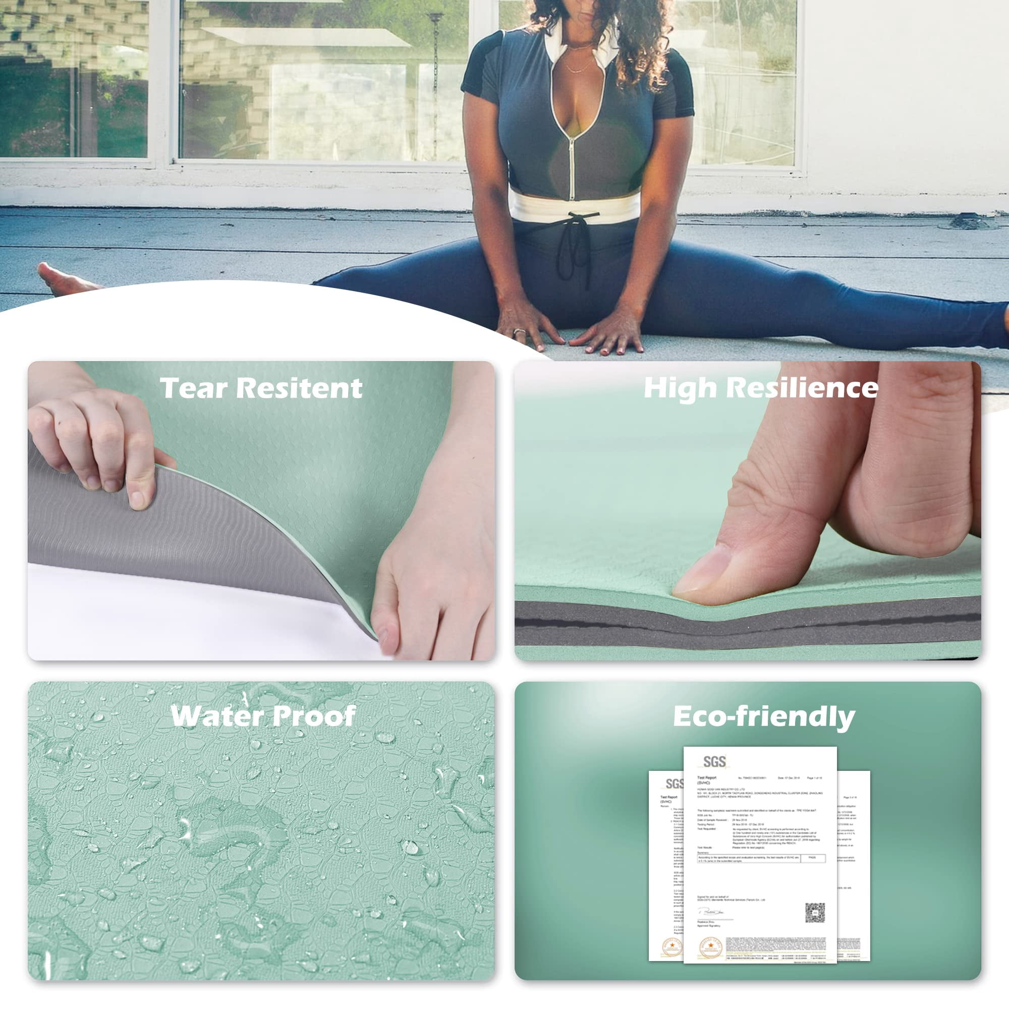 Yoga Mat Matcha Green & Gray 72"x24" Non-Slip Exercise Mat for Home Workout