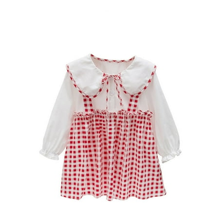 

Fsqjgq Vintage Dark Dress Toddler Children Kids Child Girls Long Ruffled Sleeve Plaid Patchwork Princess Dress Outfits Clothes Pin Up Dress for Girls Cotton Red 120