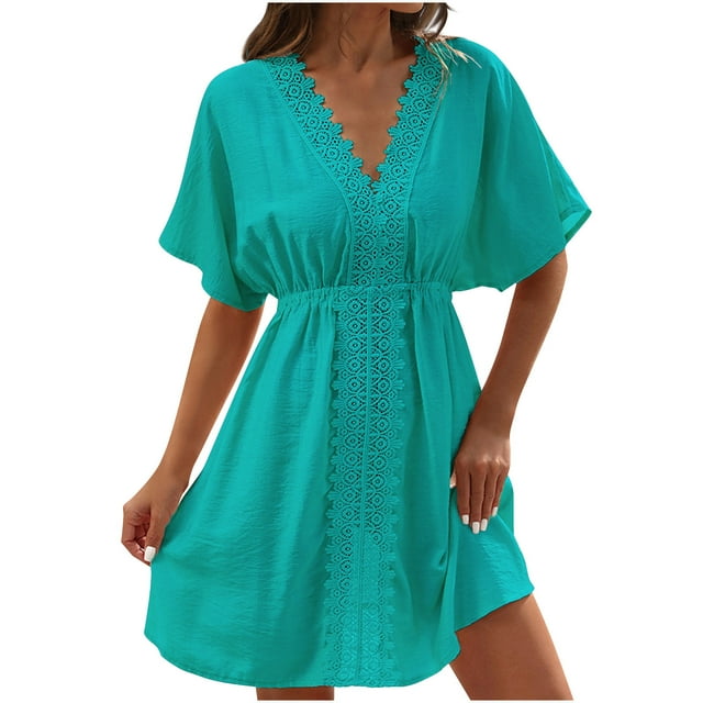 QIPOPIQ Robe Midi à Col en V pour Femme, Cache-Maillot, Manches Courtes, Dentelle, Été, Tenue de Plage, Décontractée, Cache-Maillots, Liquidation