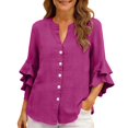 thumbnail image 2 of Only Moment Button Down Shirts for Women Long Sleeve V Neck Ruffle Sleeves Cotton and Linen/Wash Water Wrinkled Cloth Dressy Casual Trendy Tee Spring Fall Summer Fashion Work Clothes Purple,S, 2 of 9