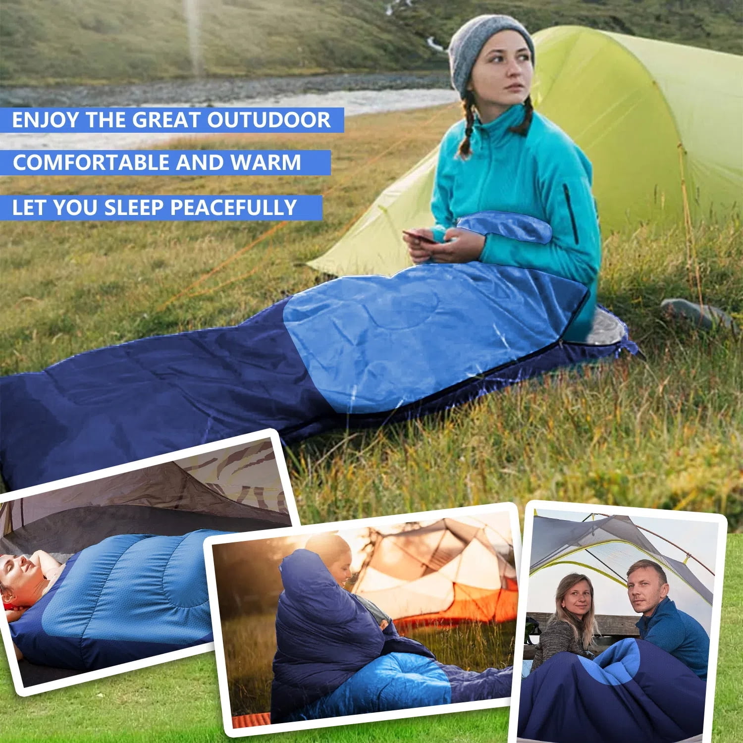 Teblint Camping Sleeping Bag for Adults Kids, Cold Weather Warm Sleeping Bag with Compression Bag for 3 Seasons, Compact Camping Essentials Gear Accessories Hiking Sleep Must Haves-Blue