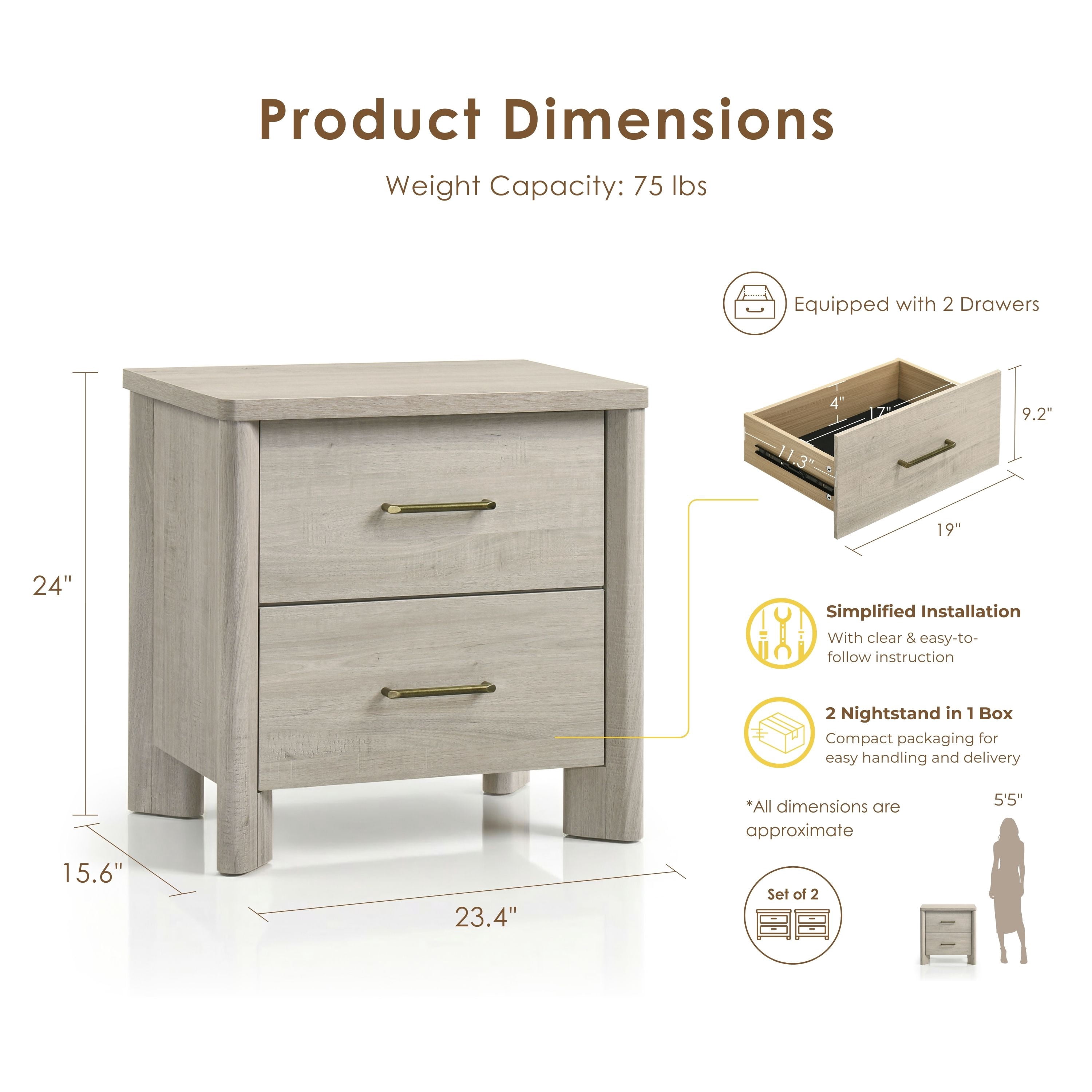 Furniture of America Gracie Modern Wood 2-Drawer Nightstands with USB Ports, Set of 2, Cool Beige