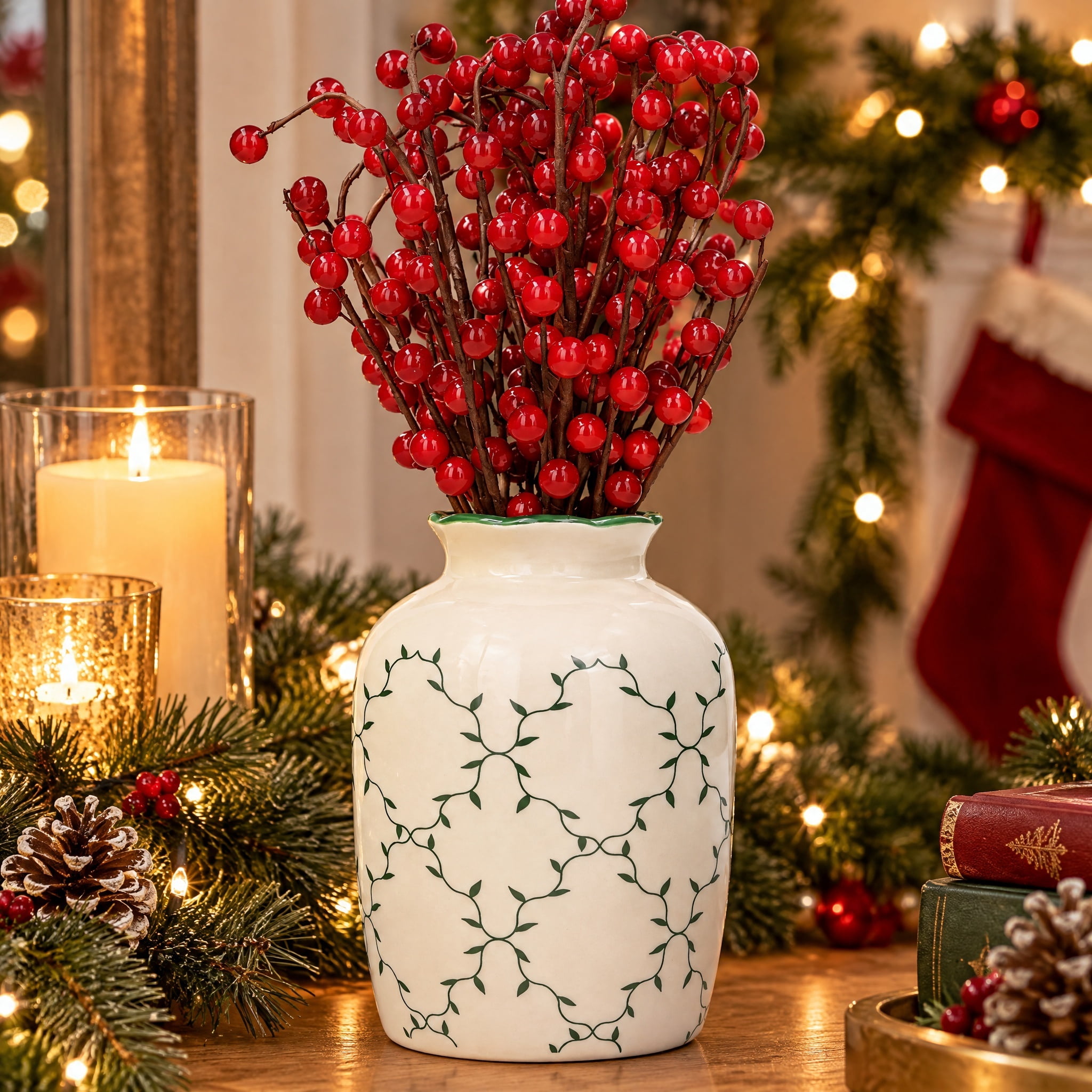 Berry Christmas Arrangement in Ceramic Pot, Red and White, 12", by Holiday Time