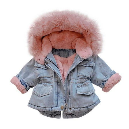 

Jovati Toddler Baby Denim Coat Child Girl Boy Winter Faux Fake Fur Plush Hooded Thicken Fleece Lined Warm Jean Jacket Cotton Clothes Plush Winter Hoodie Outwear for Kids On Clearance