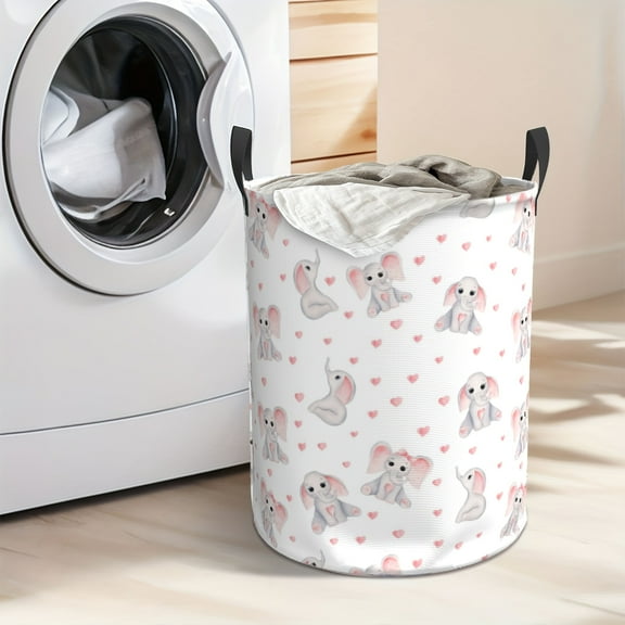Cute pink elephant pattern cartoon animal series thick and durable Oxford cloth with handle, large capacity and foldable design, suitable for bedroom/bathroom/toy clothing storage, laundry basket