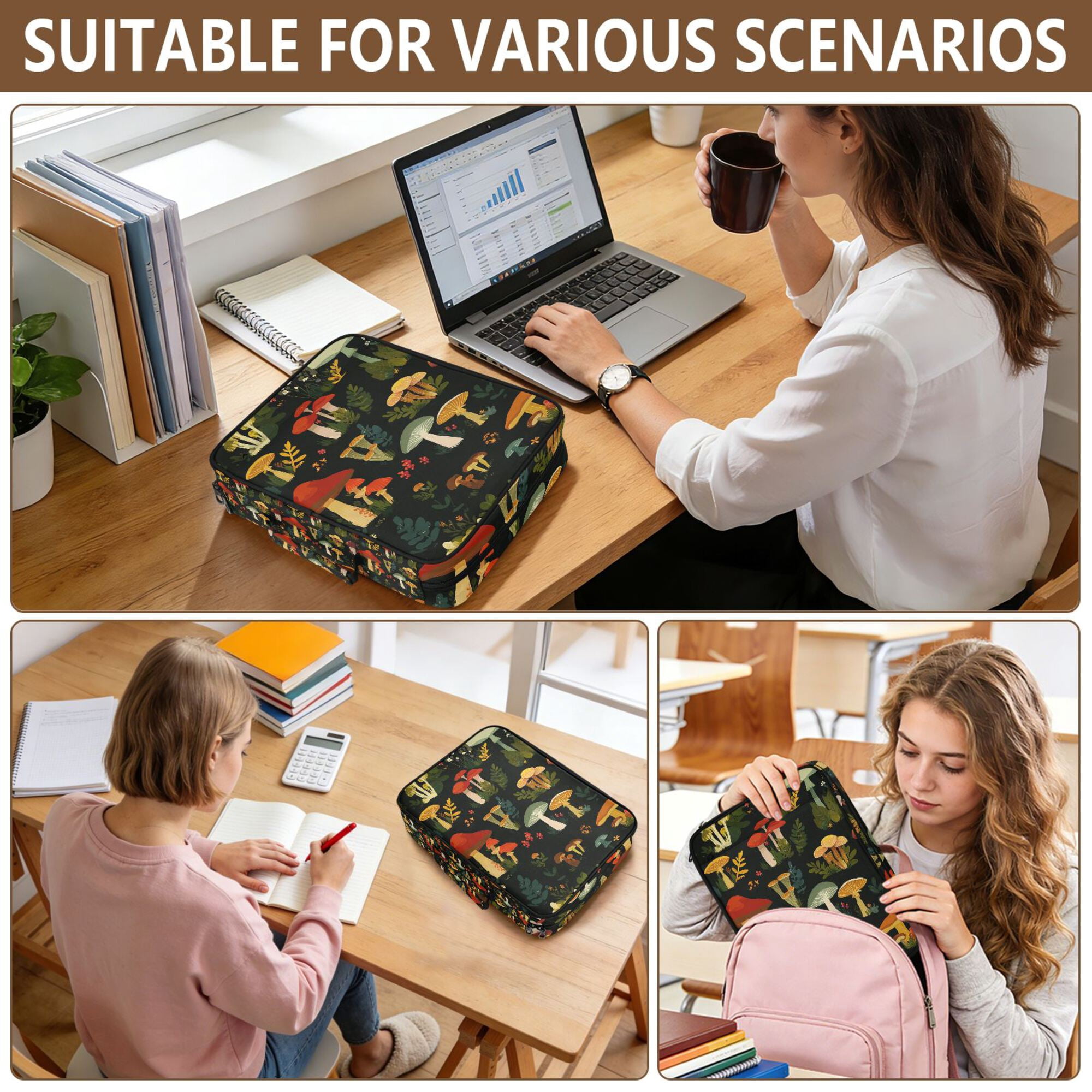 FORMRS Accordion File Folder A4 Size 7-Pocket Expanding Document Organizer Bag with 3 Ring Binder, Various Mushrooms Pattern