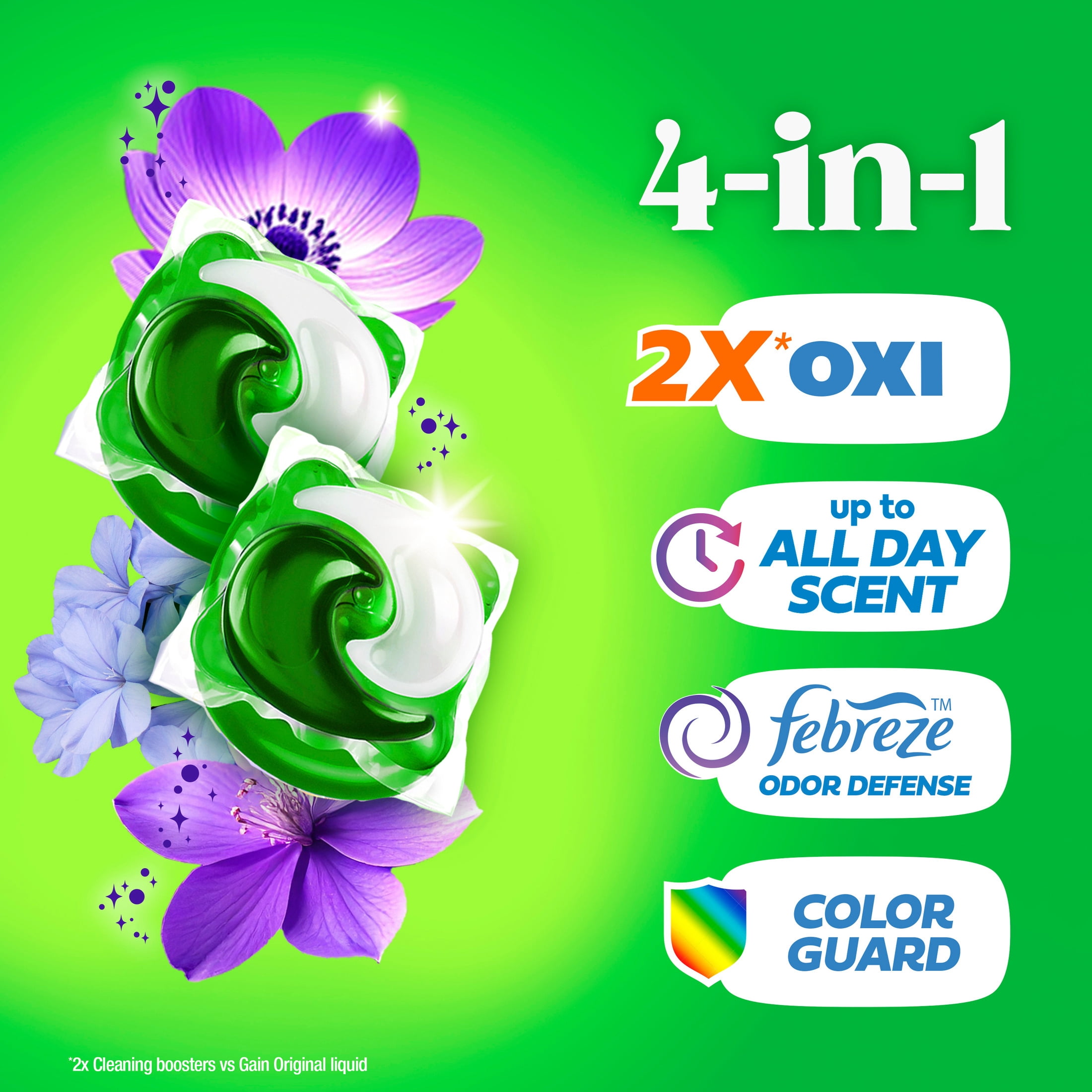 Gain Flings Laundry Detergent Soap Pacs, 4-in-1 Oxi Boost and Febreze, Moonlight Breeze Scent, 60 Count