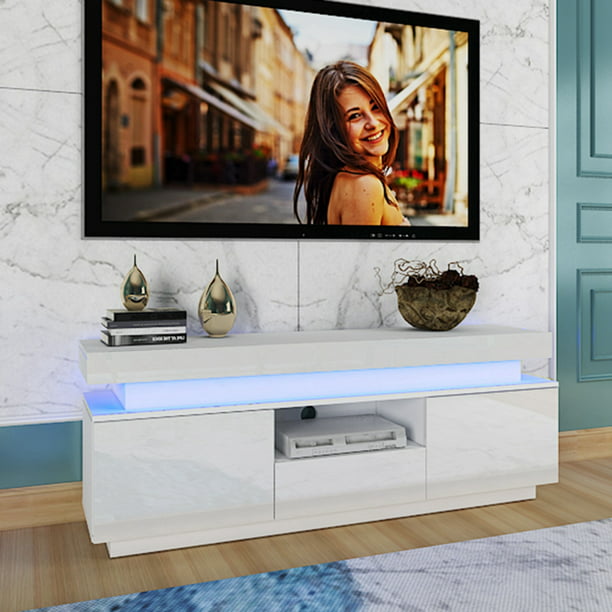 Modern White Tv Stand With Blue Light, Bedroom Dresser Media Center