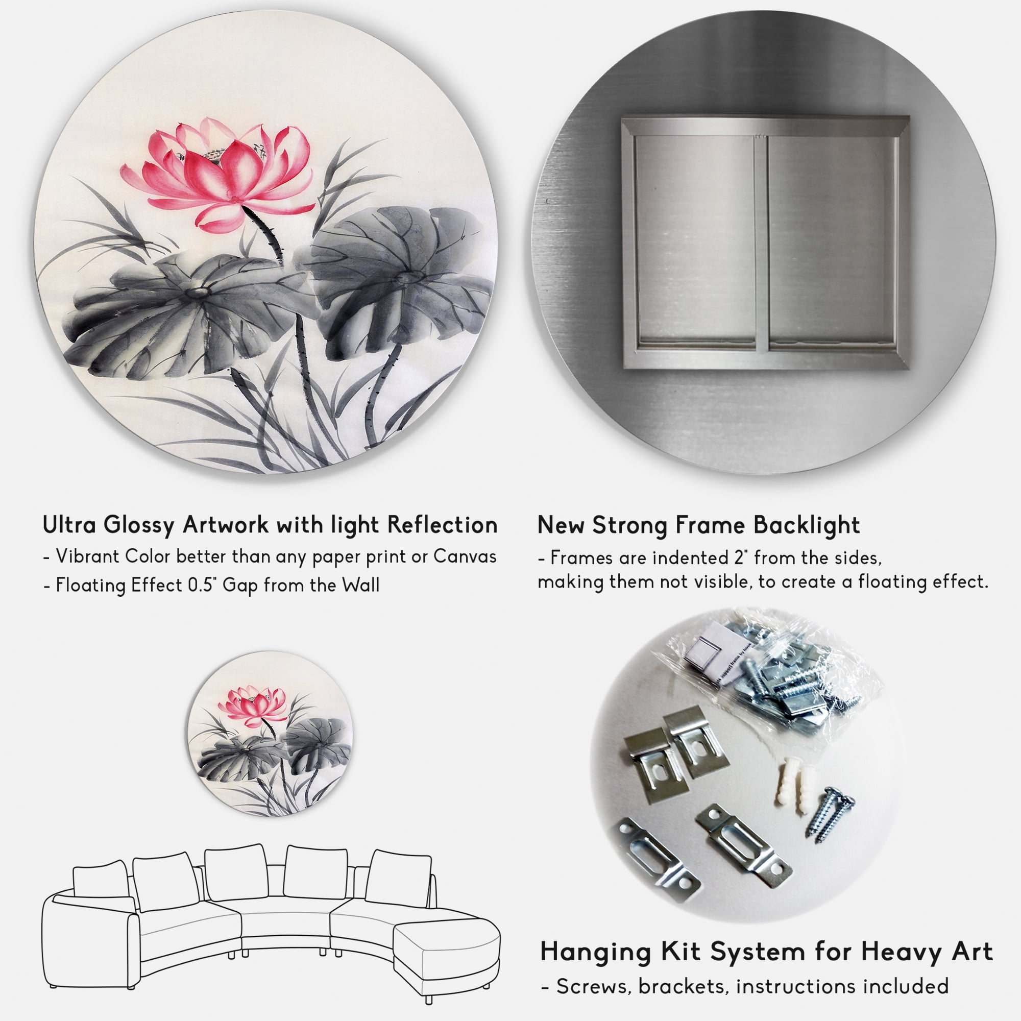 Designart 'Two Monochrome Leaves With Lotus Flower' Traditional Circle Metal Wall Art 23x23 - Disc of 23