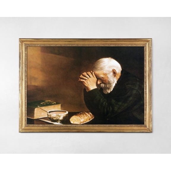 Grace Man Praying Over Bread Vintage Art Old Photography Wall Art, Unframed Paper Poster 8x10in