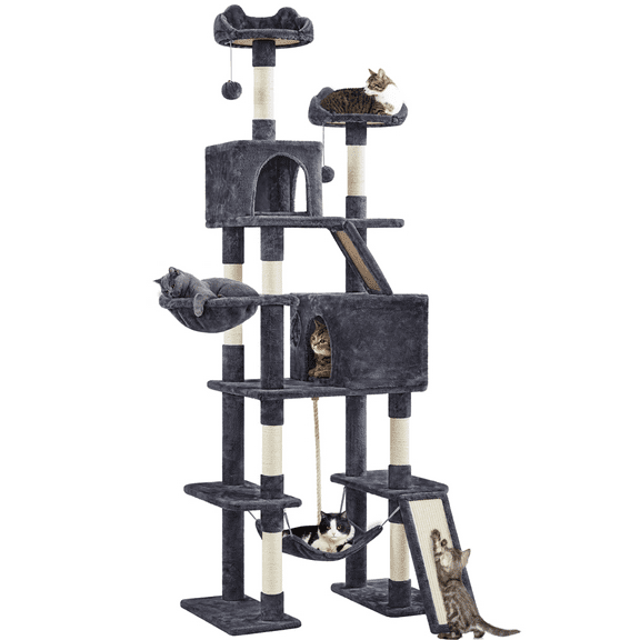Alden Design 82.5″ H Multi Level Large Cat Tree with 2 Cozy Condos for Indoor Small/Medium Cats, Dark Gray