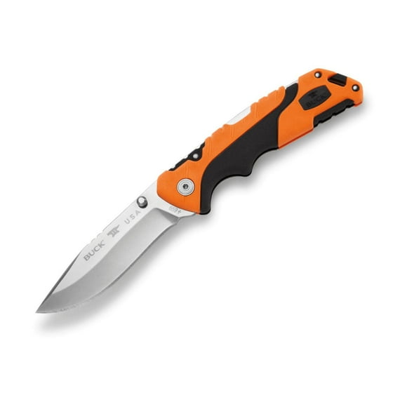 Couteau de chasse pliant Buck 659 – Lame S35VN Drop Point, poignée GFN orange/noir, design Lockback – Fabriqué aux États-Unis, garantie éternelle