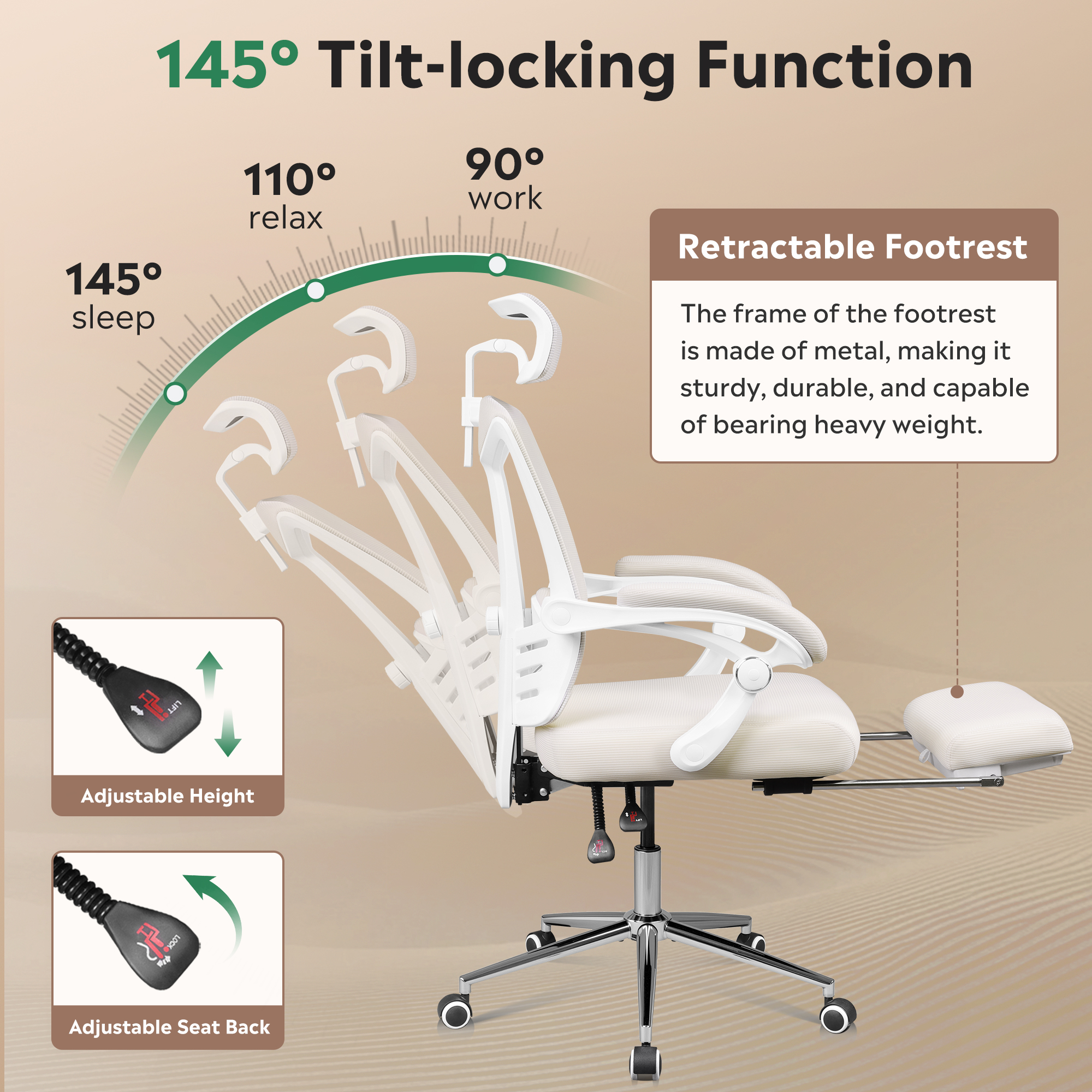 GALAXHERO Ergonomic High Back Office Chair with Footrest, Big and Tall Adjustable Desk Chair, Reclining with Lumbar Support, SGS Class 4 Gas Lift, for Home & Office Use, White