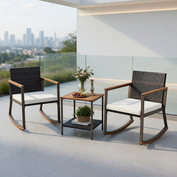 Resenkos 3-Piece Outdoor Rattan Rocking Bistro Set – 2 Rocking Chairs Coffee Table with Off-White Cushions, PE Rattan & Acacia Wood, Weather-Resistant Patio Furniture