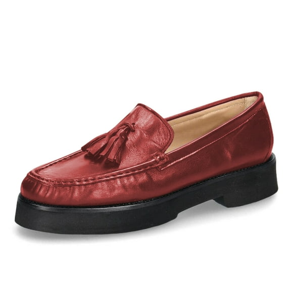 YDN Women Vintage Rounded Toe Block Low Heels Loafers Tassels Slip On Moccasin Pumps Office Working Casual Shoes Size 7 Red