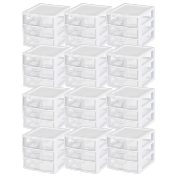 Sterilite Desktop Drawer, 3 Drawer Clear Plastic Countertop Drawer, White, Pack of 12
