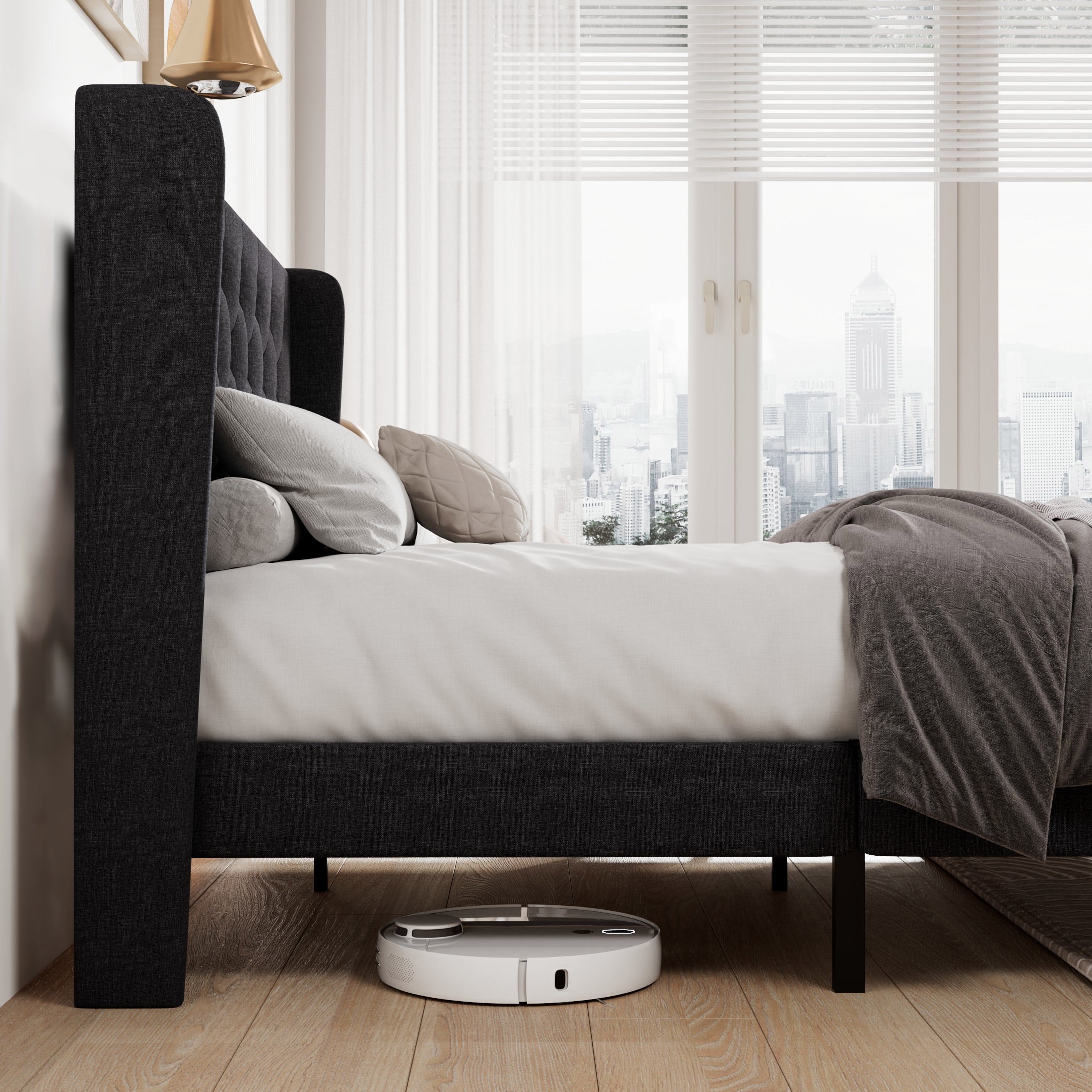 Allewie Full Size Upholstered Platform Bed Frame with Fabric Wingback Button Tufted Headboard, Black