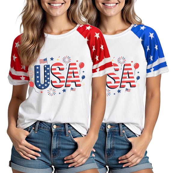 AGWOLF 4th of July Shirts for Women Funny American Flag Print Patriotic T shirts Cute Short Sleeve Tees Memorial Day Gifts Round Neck Blouses Tops Blue L