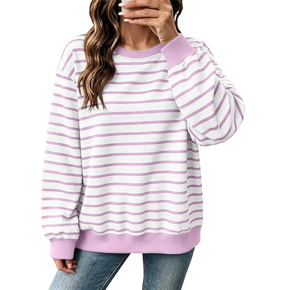 Hurxie Oversized Sweatshirt for Women Crewneck Striped Shirt Long Sleeve Tops Pullover Womens Fall Fashion