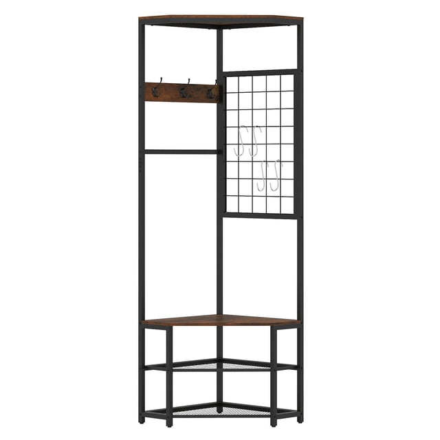 Costway Corner Hall Tree, Freestanding Coat Rack with Storage Shelves & Removable Hooks Rustic Brown + Black