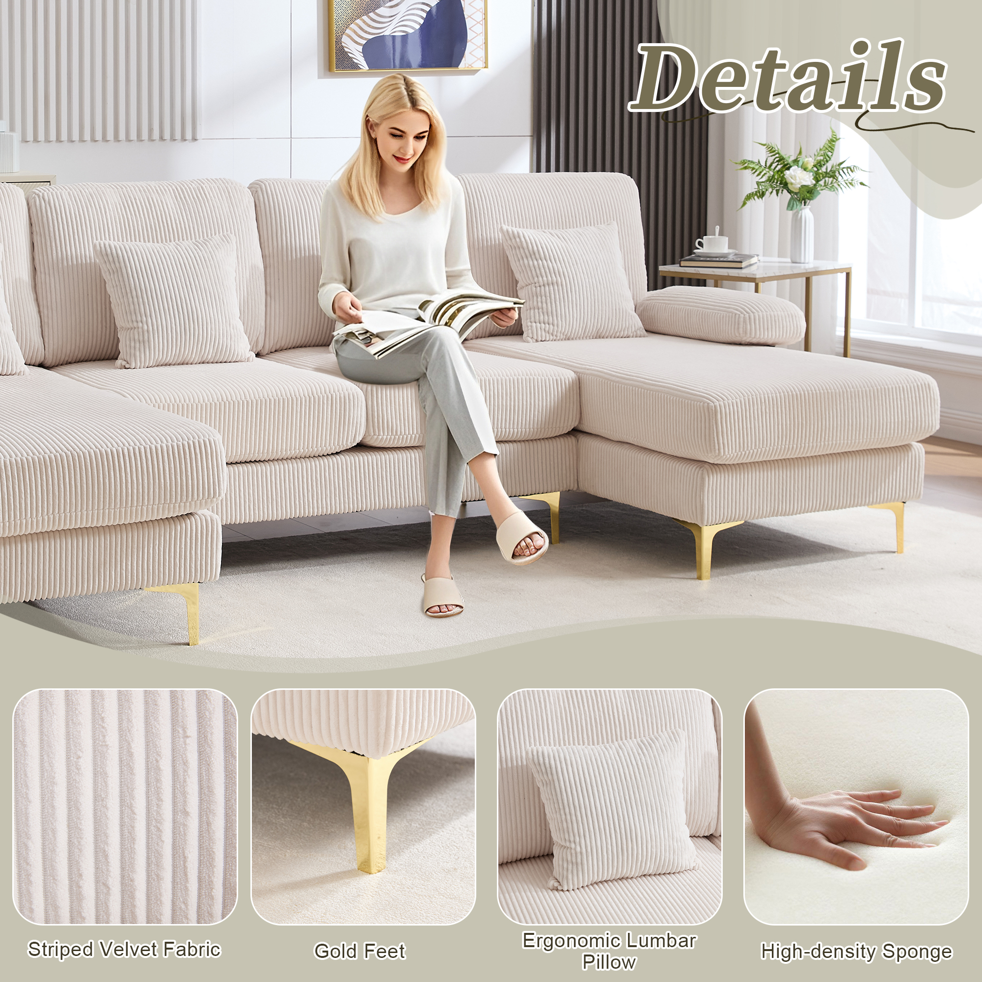 Homefun U-Shaped Corduroy Sectional Sofa 4-Seat with 2 Chaise Large Couches with USB Intelligent Lighting