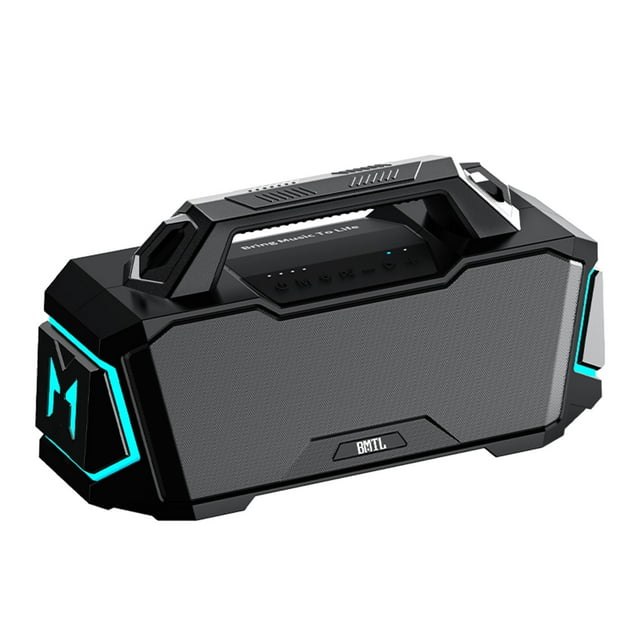 xdobo metro 1992 100w alta potencia alta calidad de sonido bluetooth altavoz portátil negro con rejilla frontal rectangular y asa superior integrada; diseño angular estilo ciberpunk con luces RGB laterales, panel de controles en la parte superior, entradas Bluetooth 5.3/AUX/USB/TF y batería 20000 mAh, ideal para fiestas al aire libre y a menudo usado como monitor portátil para prácticas musicales.