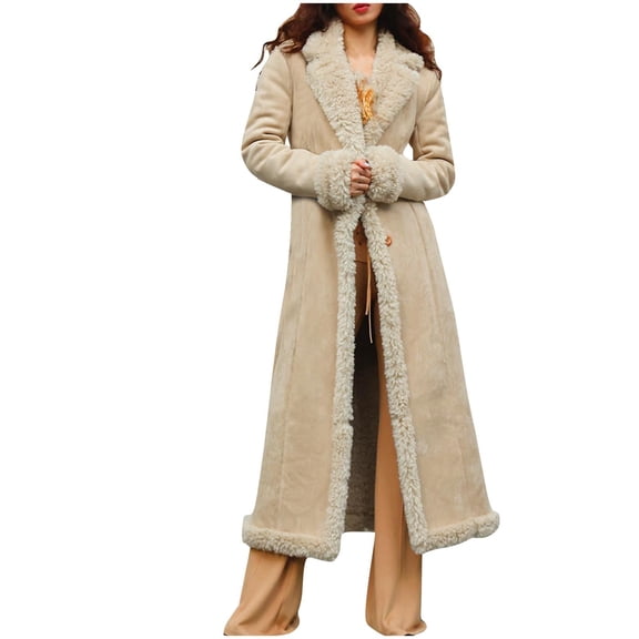 Long Winter Coats for Women Faux Suede Leather Shearing Jacket Fuzzy Sherpa Lined Trench Coat Thick Thermal Overcoat